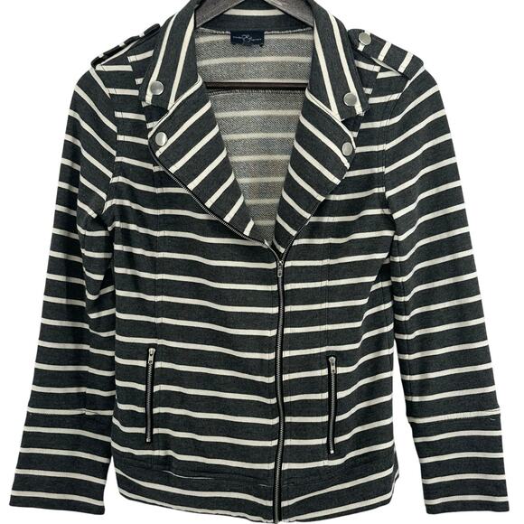 Market & Spruce Zip Front Sweater Medium Gray White Striped Moto Style Casual - Picture 1 of 6